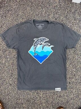 Pink Dolphin Grey Tee with Blue Wave & Dolphin Graphic